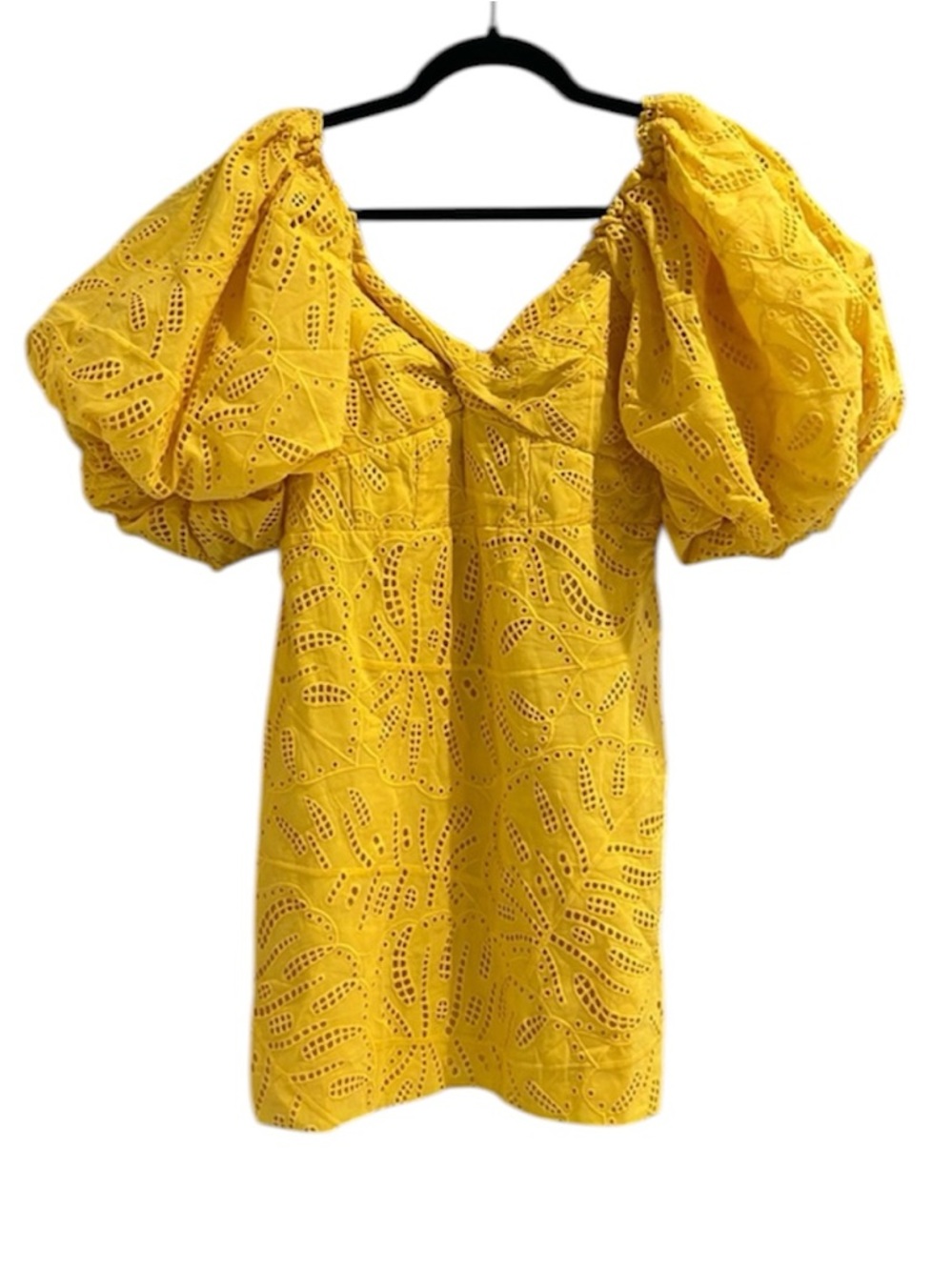 Farm Rio Monstera Yellow Eyelet Puff-Sleeve Mini Dress XS - Picture 5 of 10